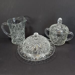 Vtg Anchor Hocking Pineapple Cut Round Butter Dish Creamer Covered Sugar Prescut
